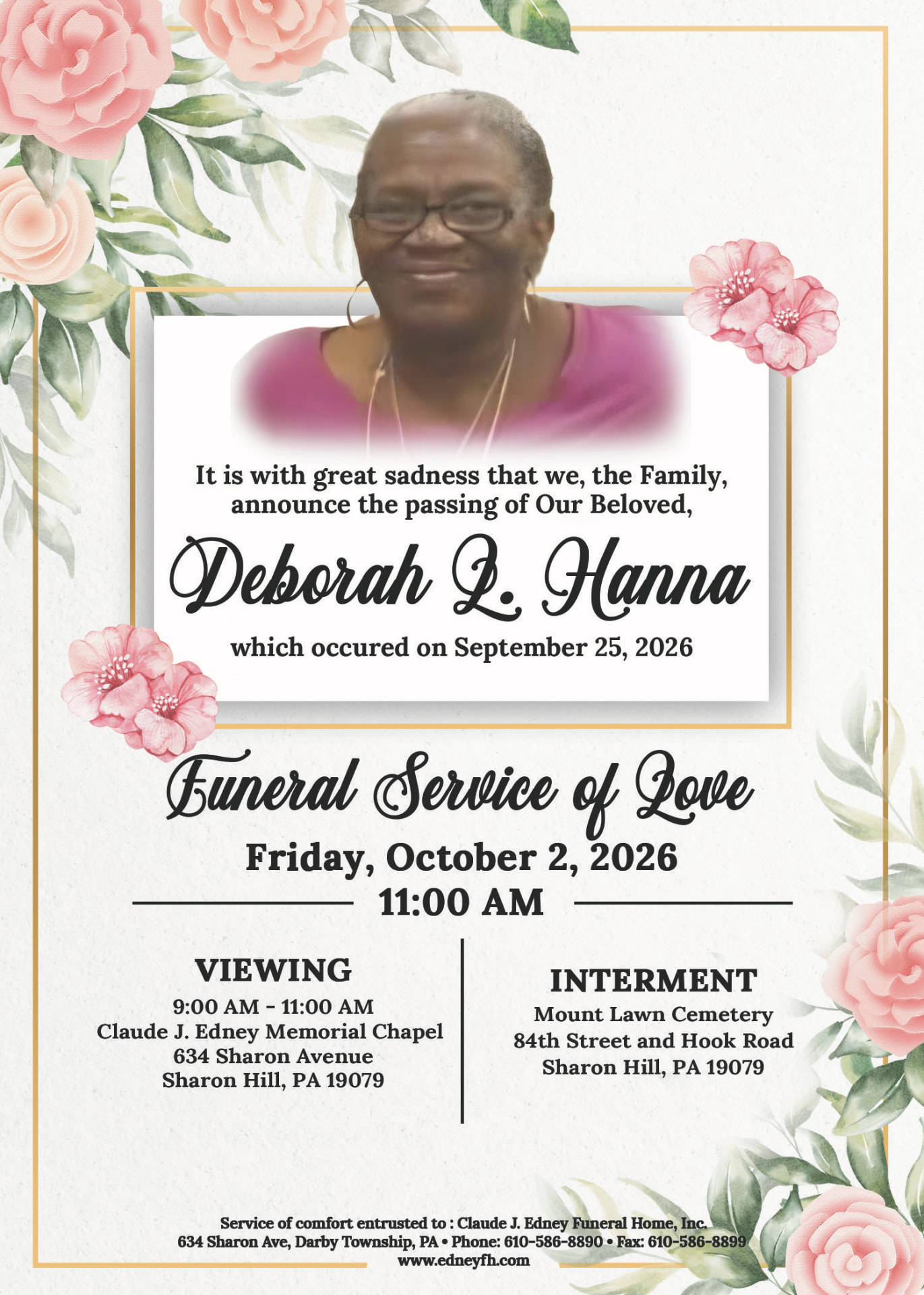 Memorial announcement and portrait of Deborah L. Hanna